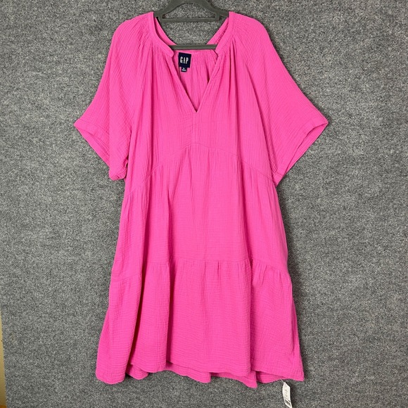 GAP Dresses & Skirts - NEW $69 GAP Gauze Tiered Midi Dress Pink V Neck Short Sleeve Cotton XL